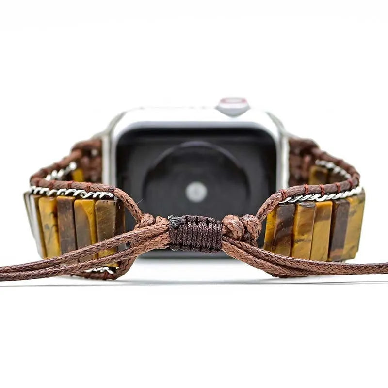 Rectangular tiger eye stone chain watch strap on adjustable textile band for men's watches