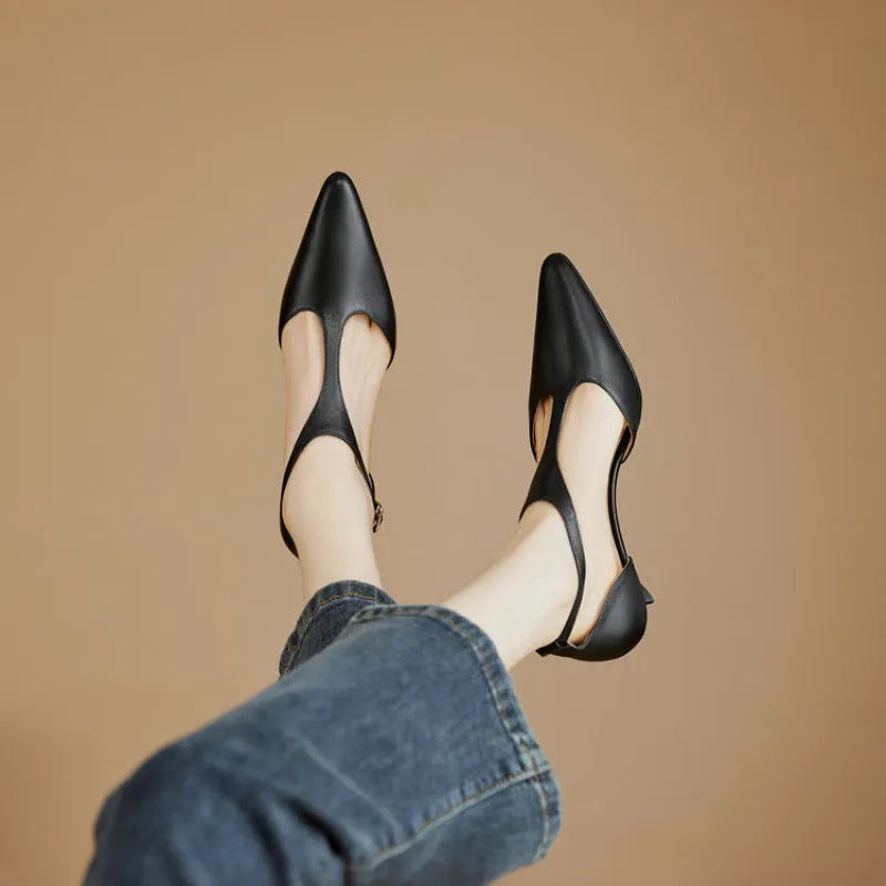 Women's brown cowhide leather pointed-toe high heels in vintage style