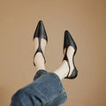 Women's brown cowhide leather pointed-toe high heels in vintage style