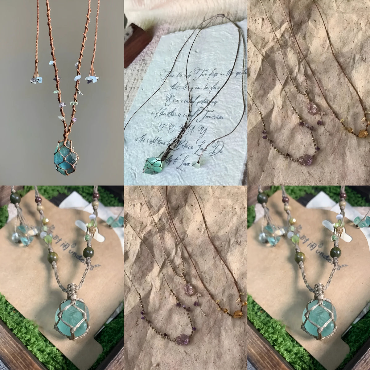 Artificial crystal rough labradorite-style pendant necklace with O-link chain on display