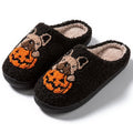 Black and white Halloween slippers with pumpkin pattern, plush upper and TPR sole