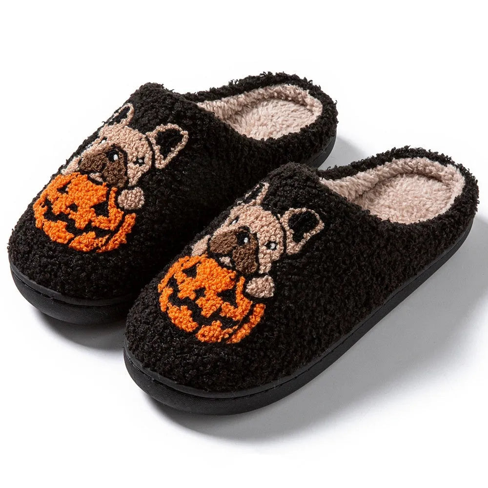 Black and white Halloween slippers with pumpkin pattern, plush upper and TPR sole