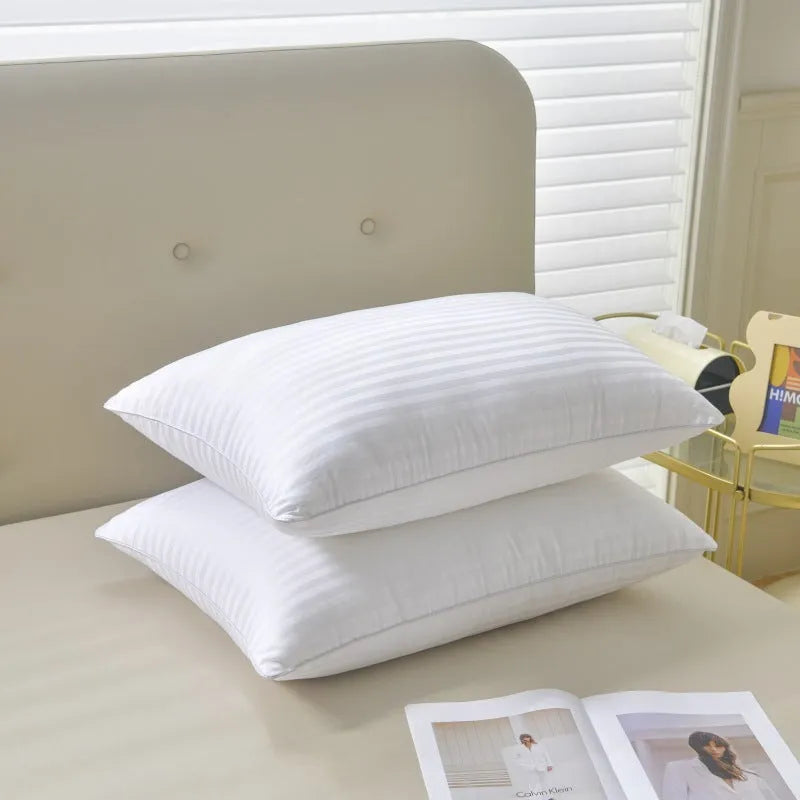 White cotton satin stripe feather pillow with 2cm stripe detail showing size and fill weight options