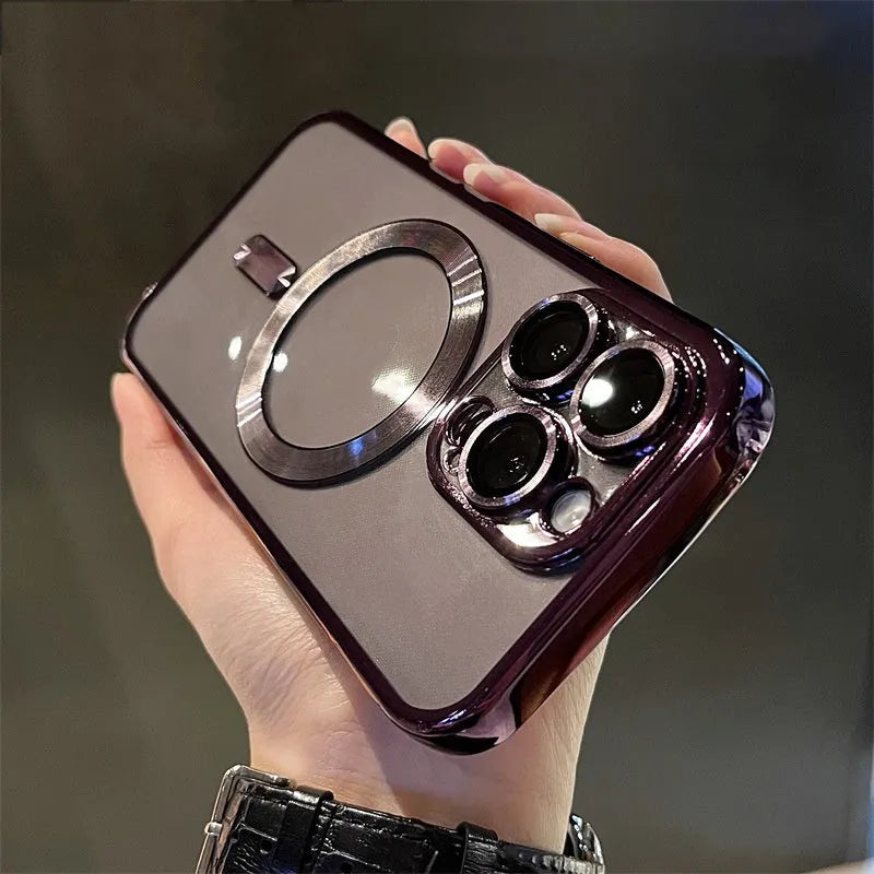 TPU electroplating magnetic phone case for iPhone 15 16 17 series in black showing transparent back and reflective edges