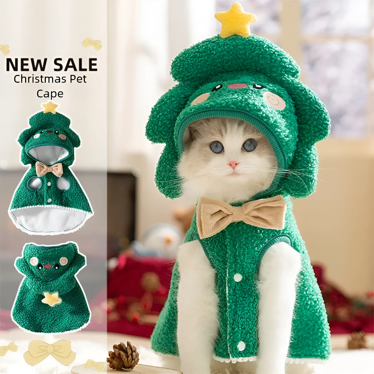 Green granular velvet Christmas pet cape with tree-shaped hat and star on a small dog