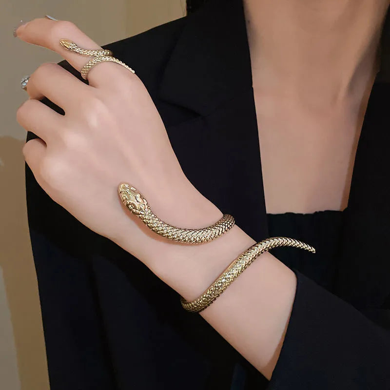 Gold and silver simulated snakes bracelet and ring set with twisted winding design