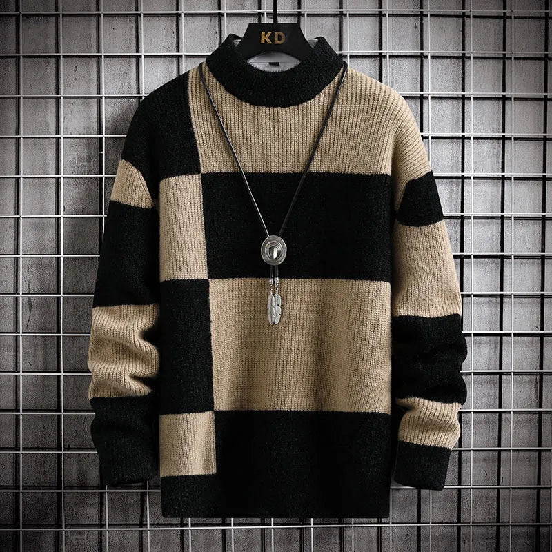 Polyester men's casual cardigan sweater coat in colour block design with black and white panels