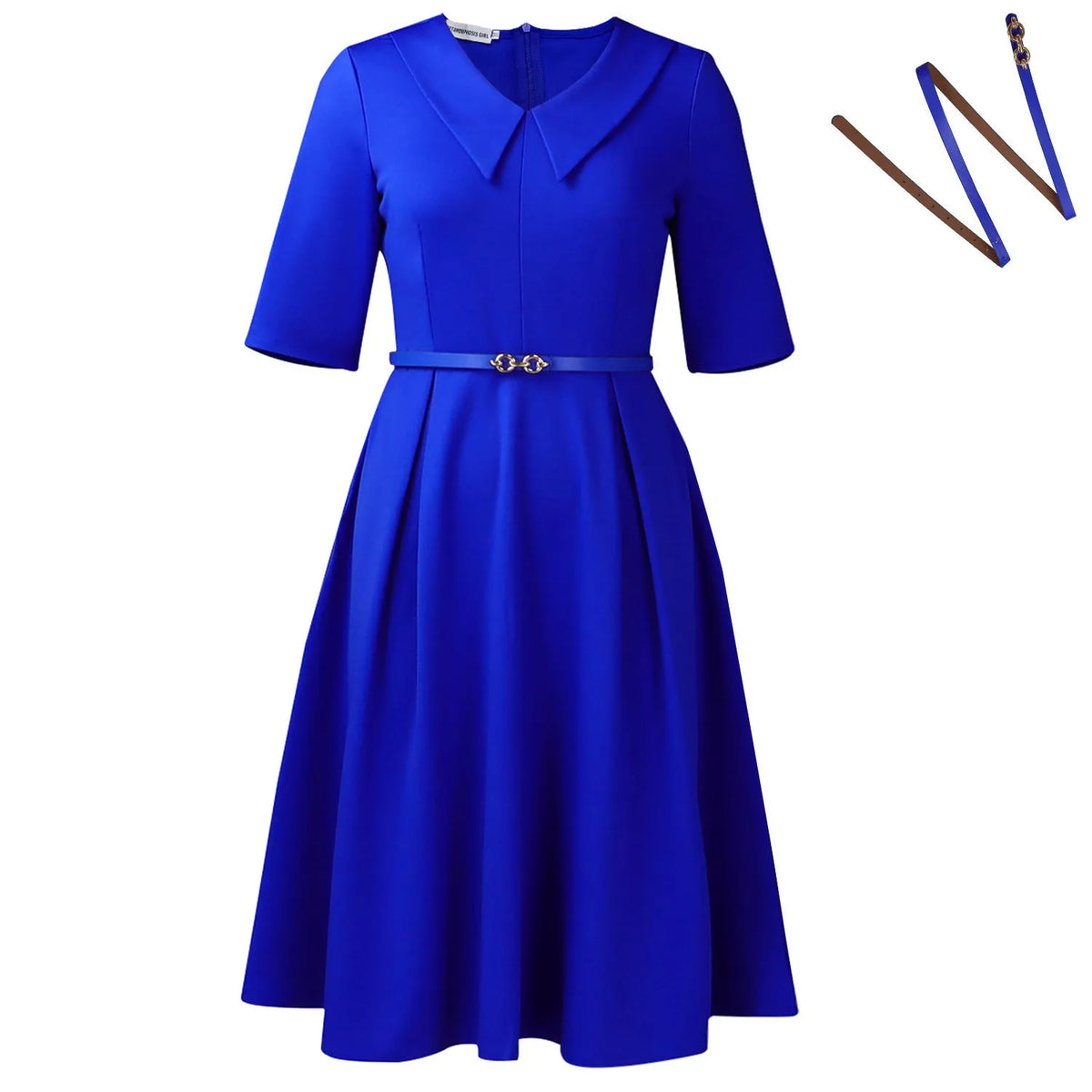 A woman wearing a solid colour African dress with half sleeves and a high waist, featuring a matching belt.