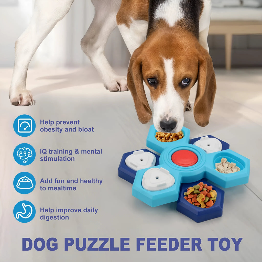 Blue plastic four-layer slow feeder puzzle dog bowl with non-slip base for interactive mealtime use