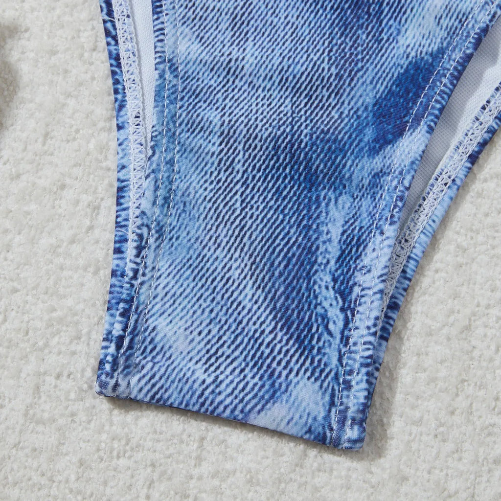 Women's denim print bikini set with adjustable straps in denim blue colour