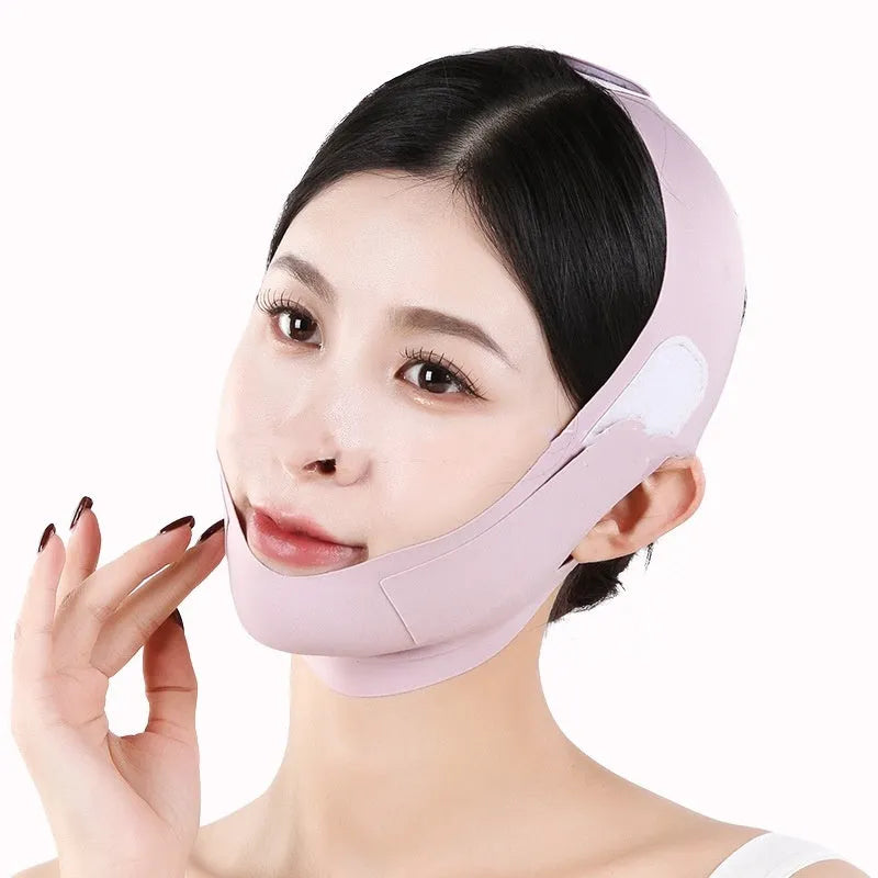 Purple and green V face shaping mask made from light breathable fabric for daily support.