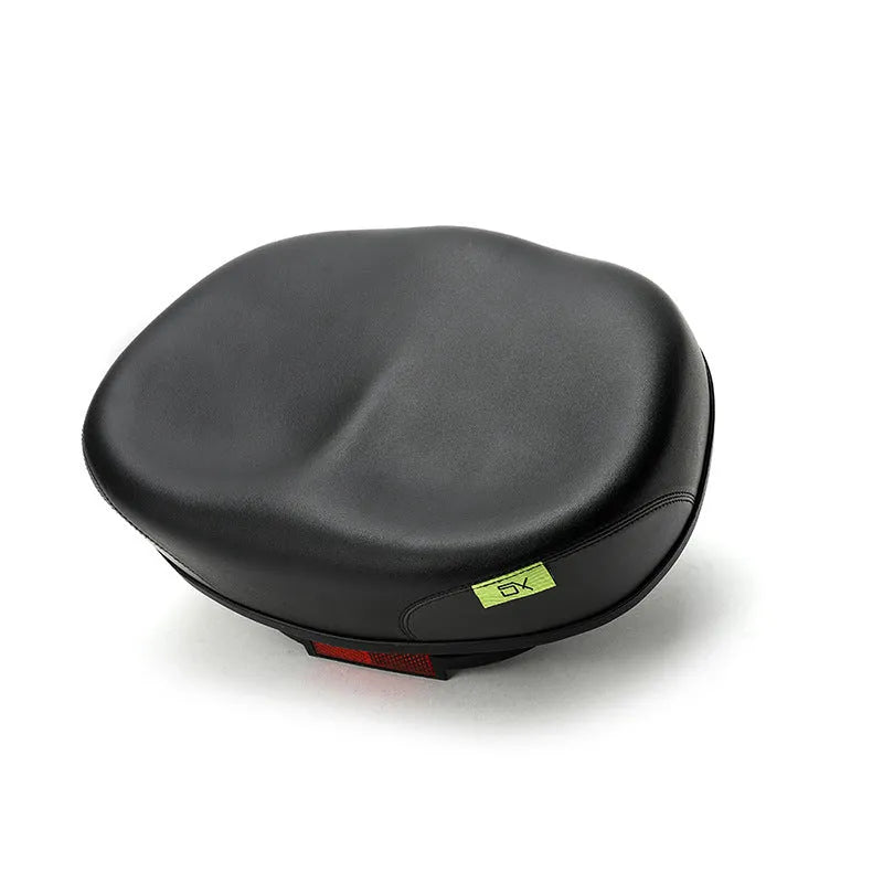 Large thickened bicycle saddle in red, grey, or light brown with reflective stickers.
