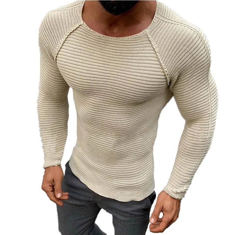 Men's slim-fit acrylic knit pullover sweater in black, round neck, long sleeves, ribbed hem