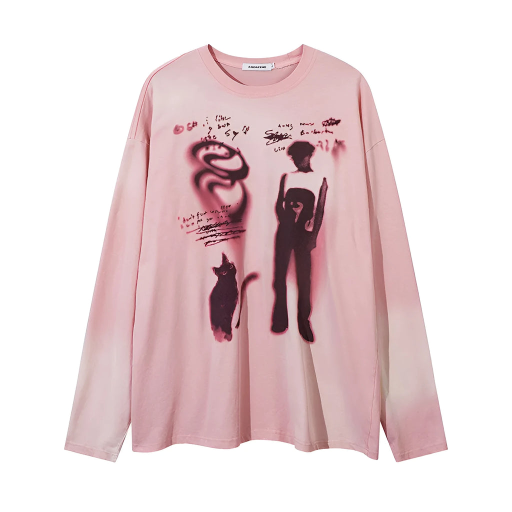 Women's loose fit cotton pullover top in dark grey with letter pattern and drop shoulder sleeves