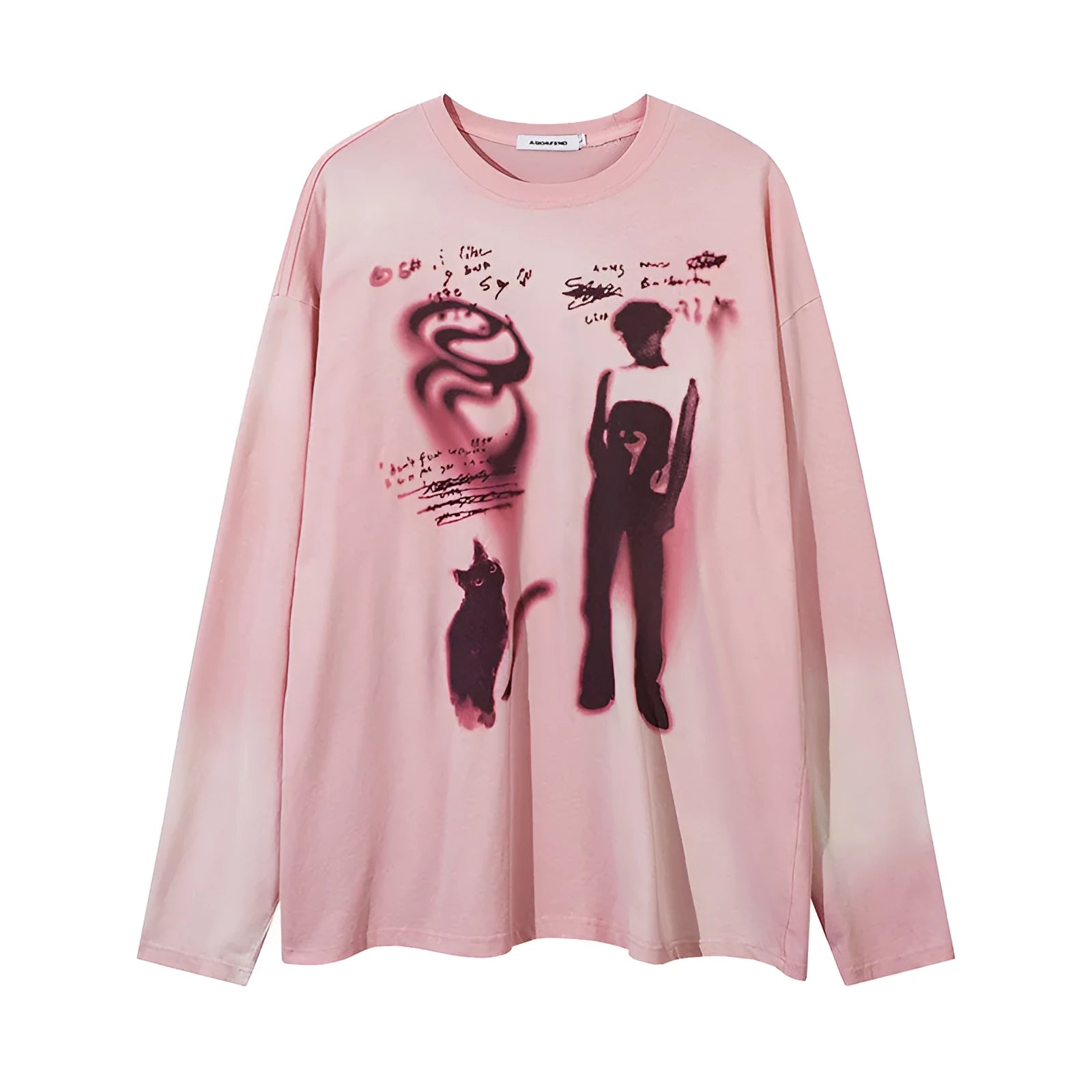 Women's loose fit cotton pullover top in dark grey with letter pattern and drop shoulder sleeves
