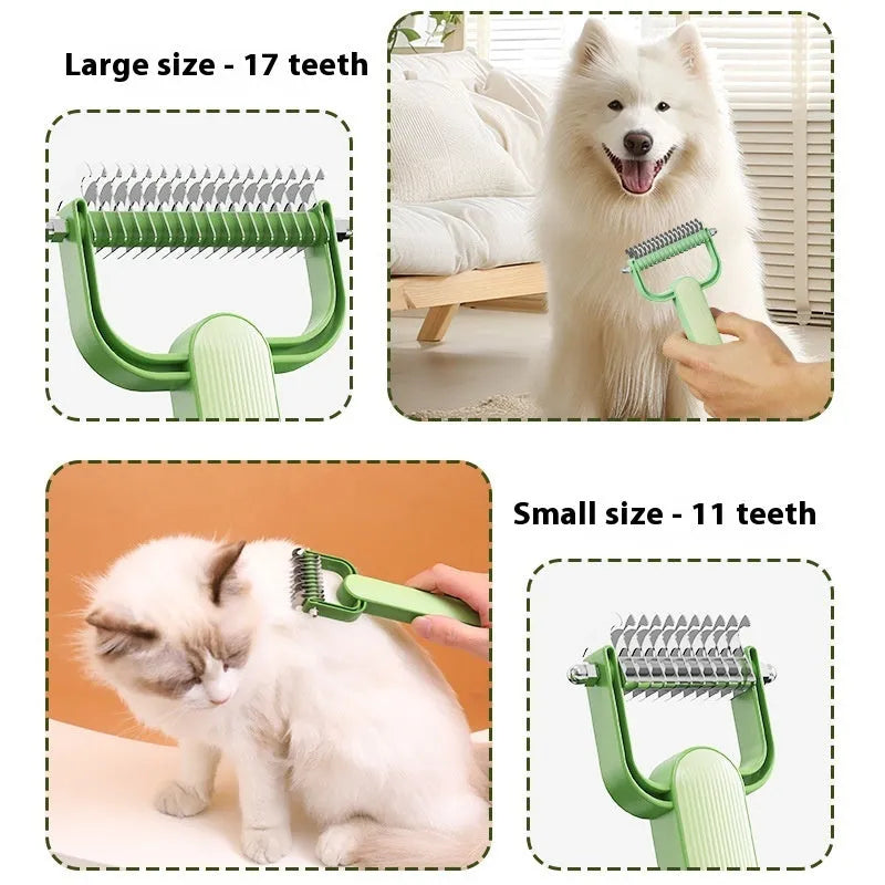 Green and grey dog detangling comb with stainless steel pins on a plastic handle, shown in small and large sizes.