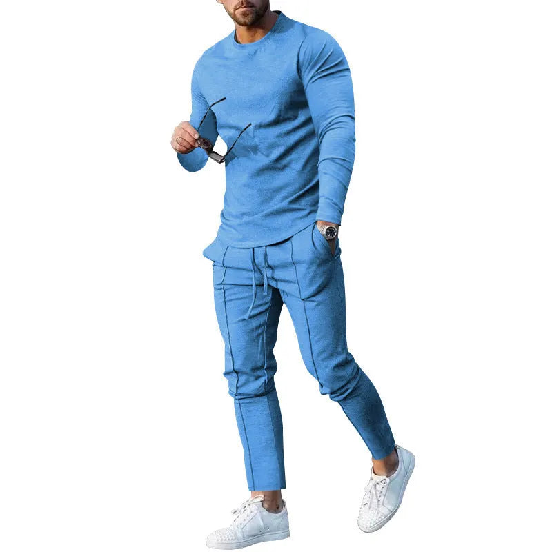 Men's light grey round-neck long sleeve t-shirt and trousers two-piece polyester suit set