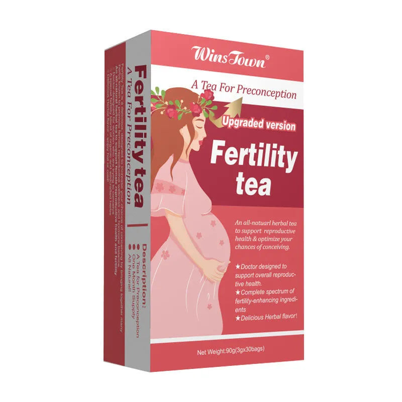 Box of fertility supplement tea containing 30 individual tea bags, part of a 3-box pack.