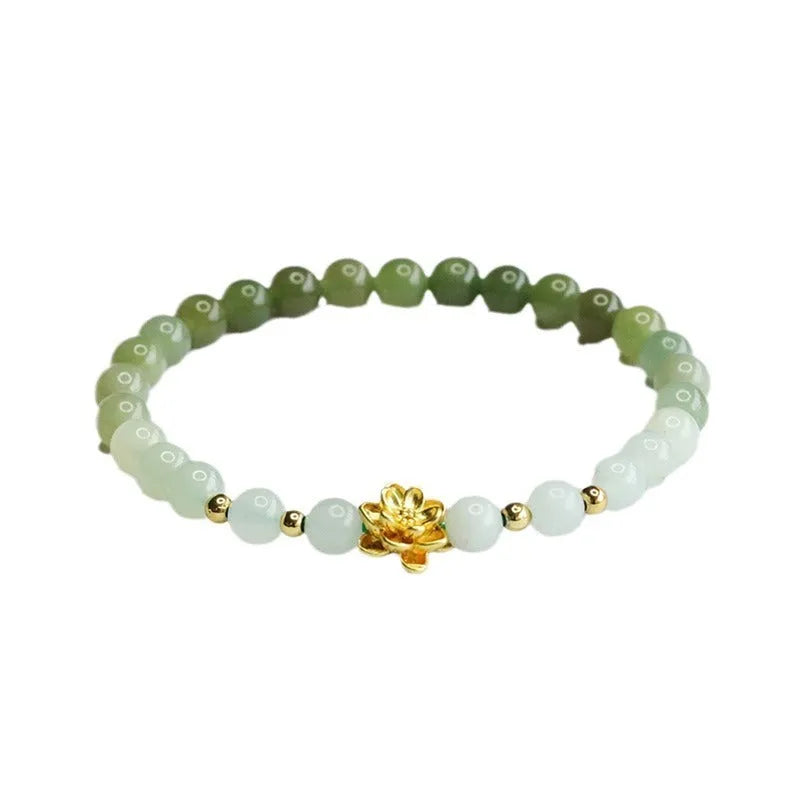 Hand-woven Hetian jade bracelet with 6mm flower beads showing sunshine water gradient colour