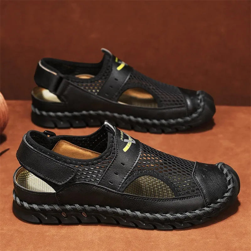 Men's brown breathable mesh casual shoes with genuine leather upper and elastic band
