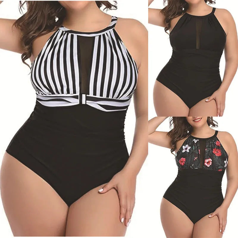 Women's black lace one-piece swimsuit on a hanger with red floral and striped variants shown.