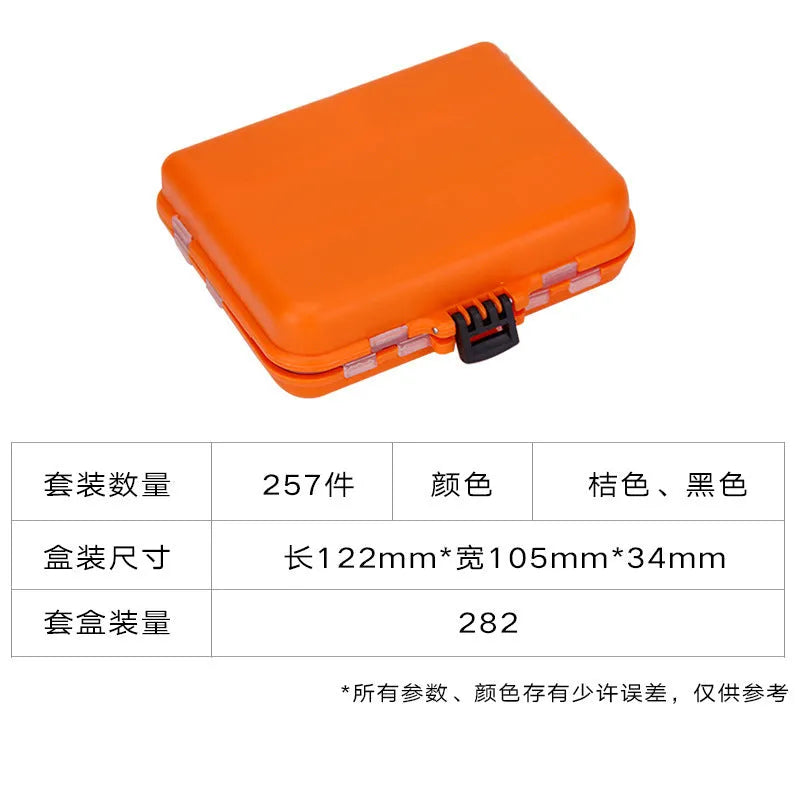 Orange ABS fishing tackle box open to show 257-piece fishhook and lure accessory set