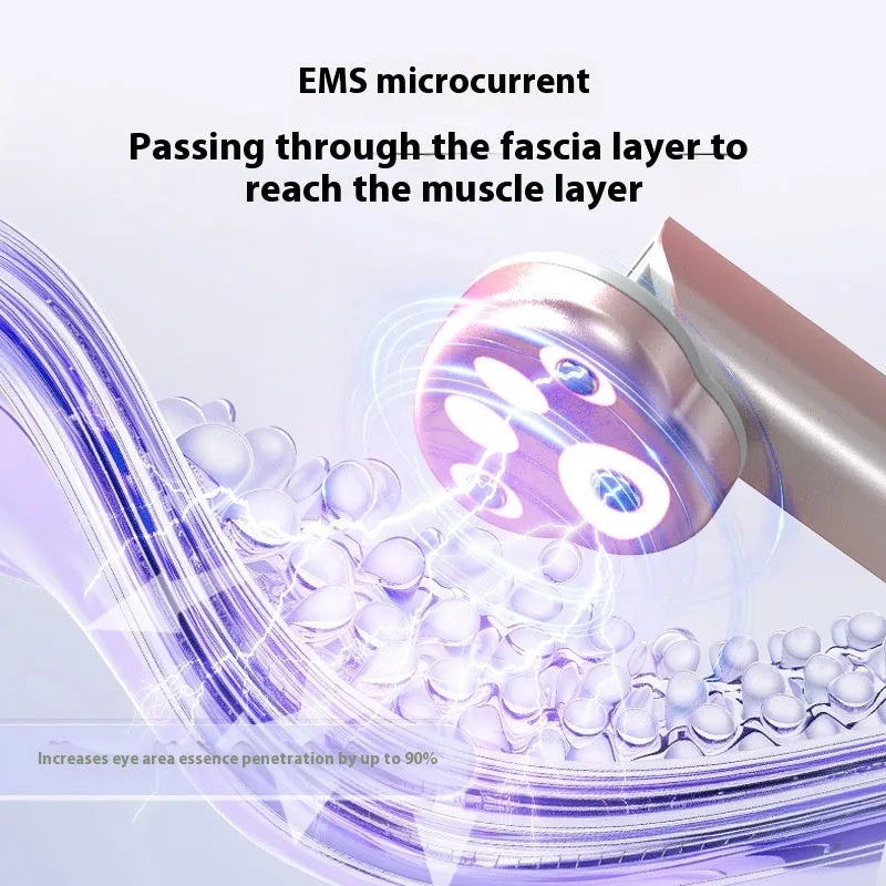Gradient pink inductive micro-current eye massager with vibration settings and colour light.