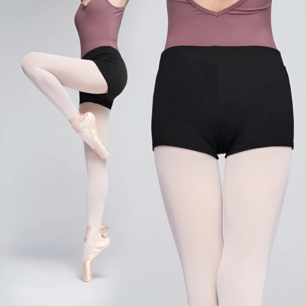 Black cotton ballet practice shorts for women in solid colour with sizing options