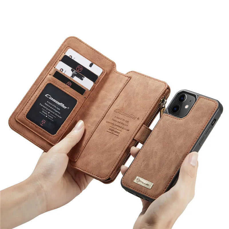 Imitation leather split flip case for Apple iPhone in black showing flip cover and machined finish