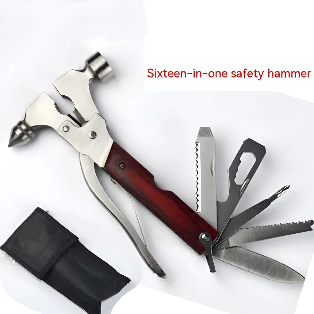 Solid steel 16-in-1 multi-functional car emergency safety hammer with Oxford fabric storage bag