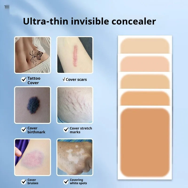 Pack of adhesive tattoo cover patches in various flesh tones on skin, showing 130mm length.