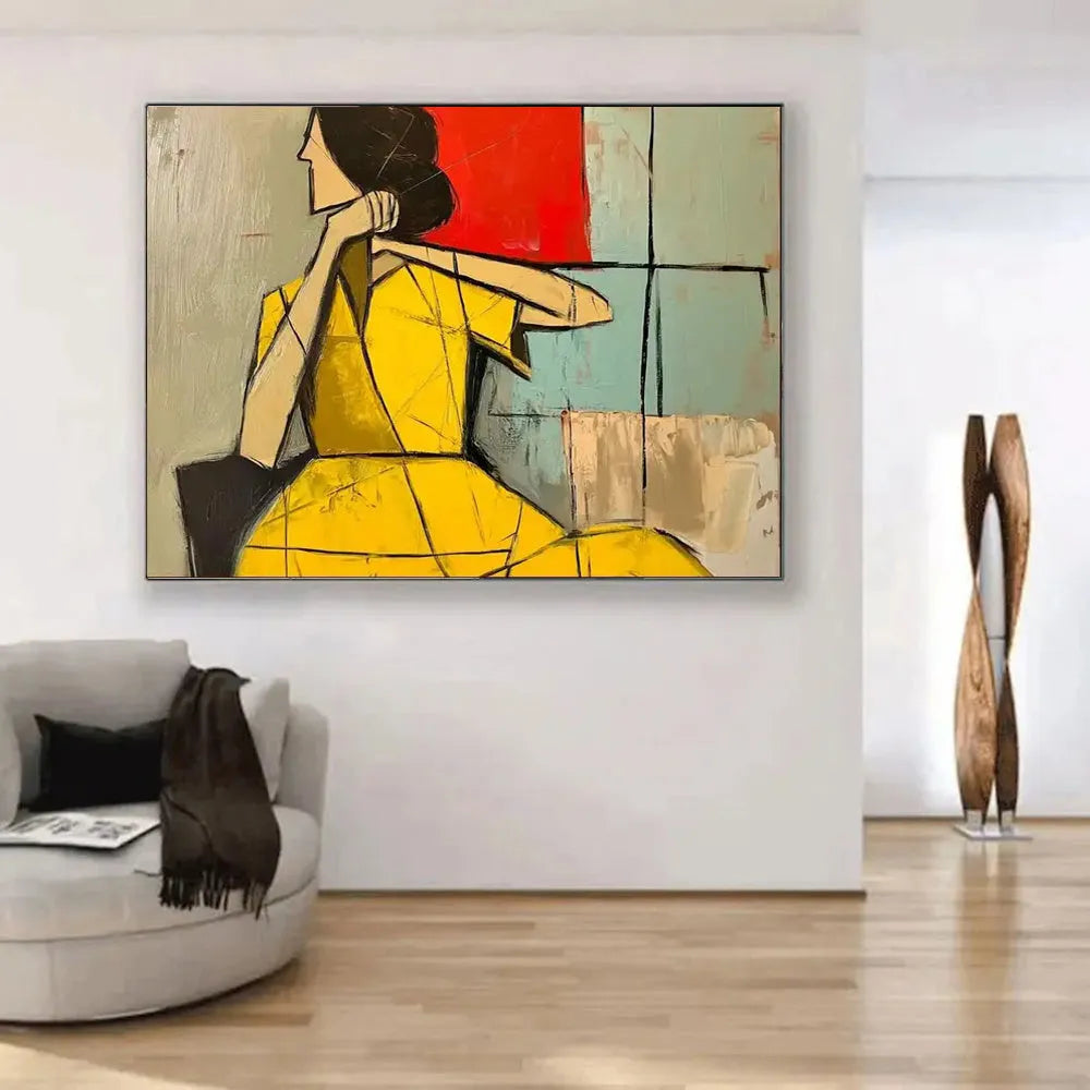 Abstract woman handmade oil painting in brown and green tones on canvas, vertical orientation, wabi sabi style, no frame