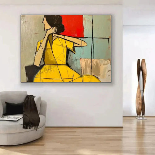 Abstract woman handmade oil painting in brown and green tones on canvas, vertical orientation, wabi sabi style, no frame