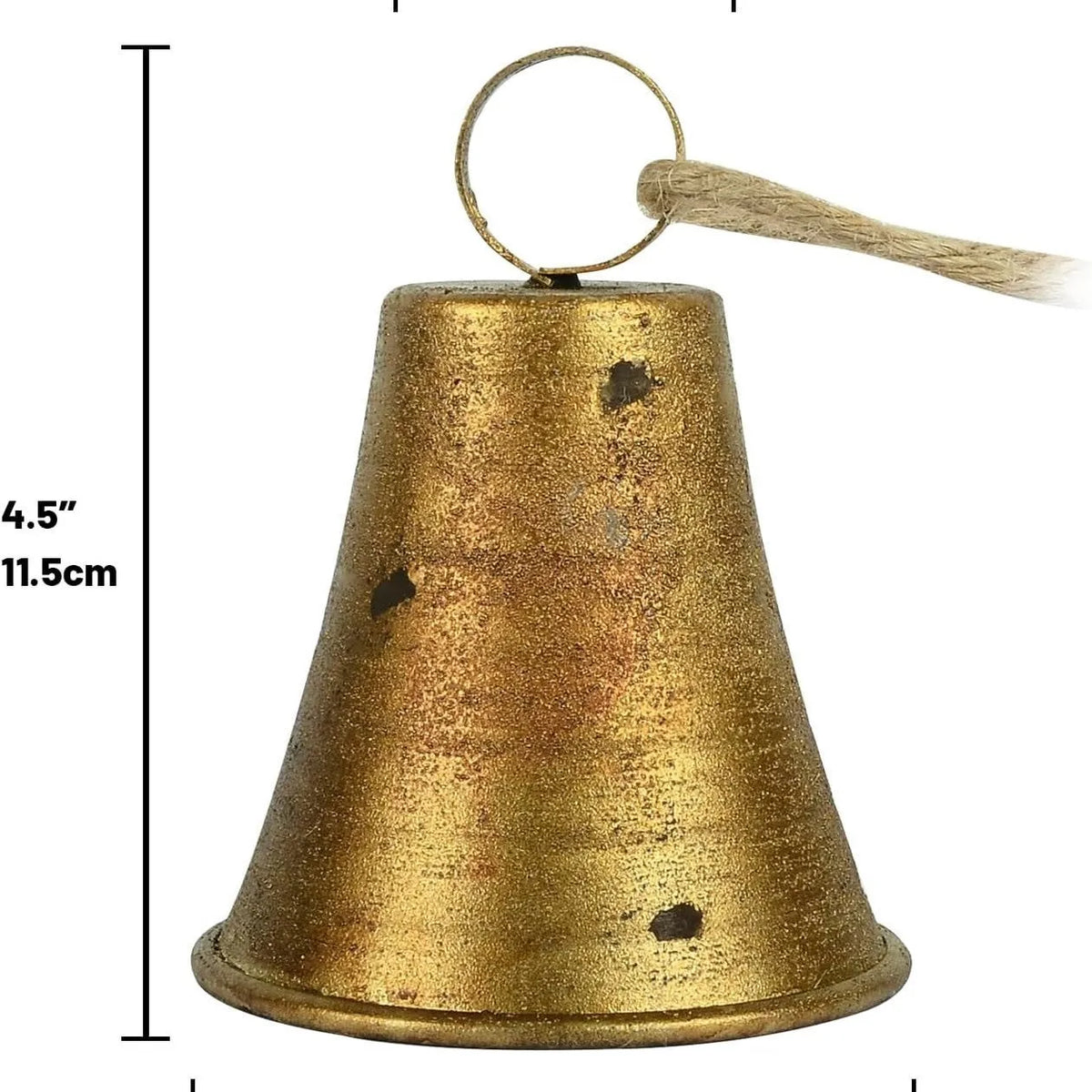 Four retro country handmade metal bells in two colour styles on a rustic wooden background