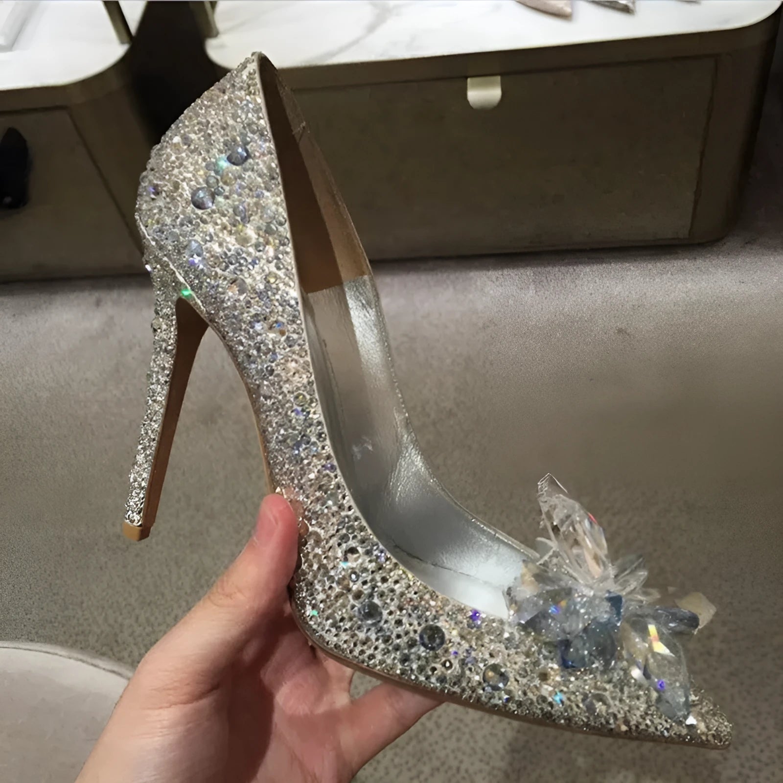 Women's gold pointed toe high heels with rhinestone sequin decoration and stiletto heel