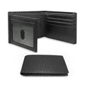 Black men's anti-magnetic wallet with PU leather outer, microfiber lining, and sewing line detail