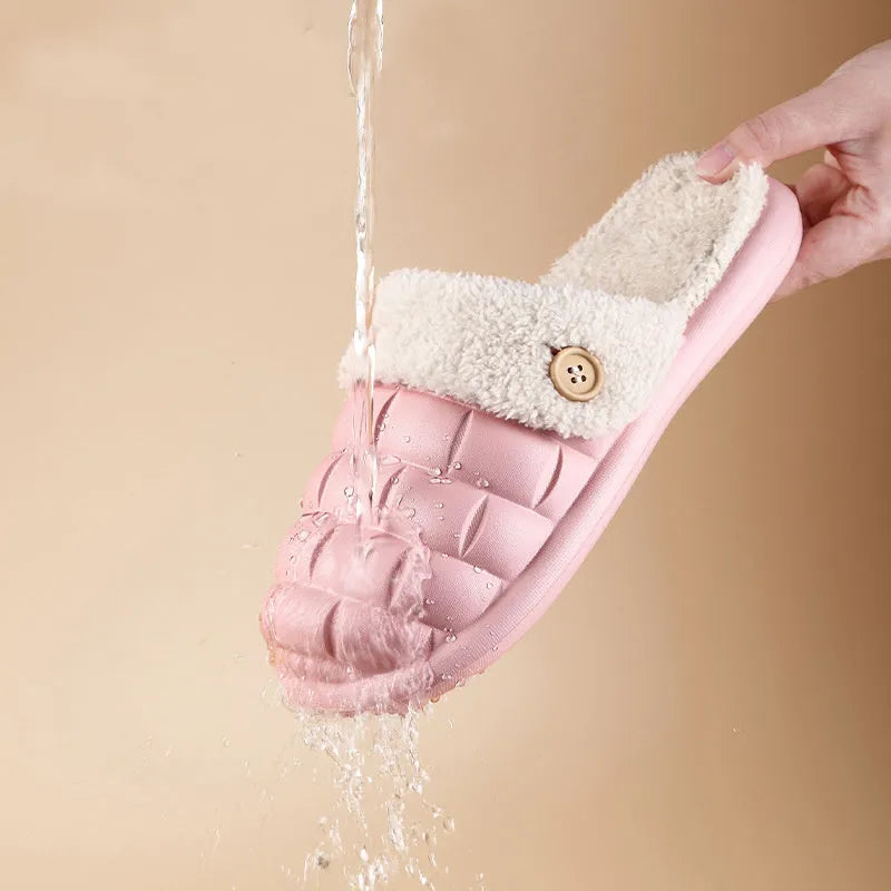 Women's detachable plaid EVA slippers with plush lining in multiple colours.