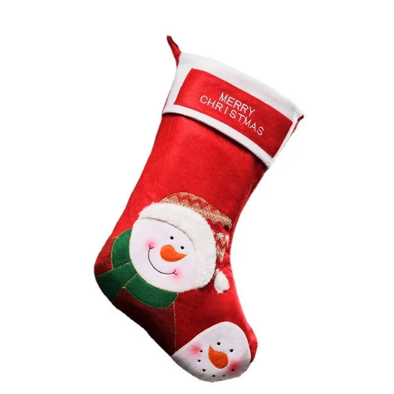 American folk style Christmas candy bag with elk, snowman, and elderly man designs, made from non-woven fabric.