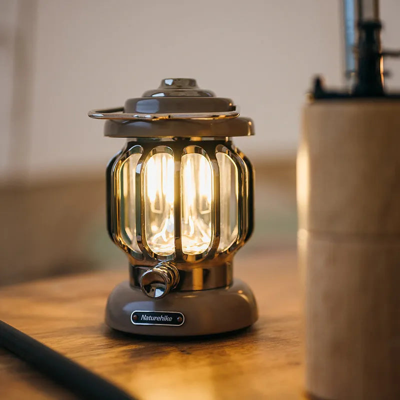 Sundial Yellow portable camping lantern with iron body, 17cm height, and dual LED lighting