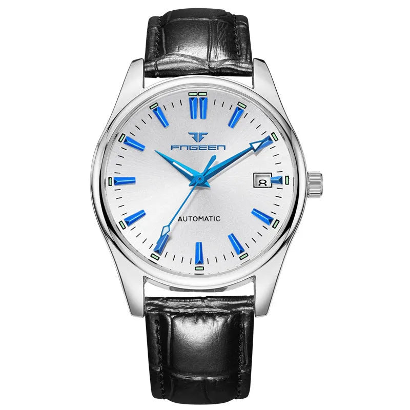 Men's quartz watch with 10mm thick case, stainless steel back, coated glass mirror, available in black or white steel and black leather.