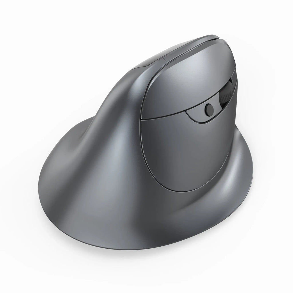 Grey vertical ergonomic Bluetooth mouse with USB charging port on a desk.