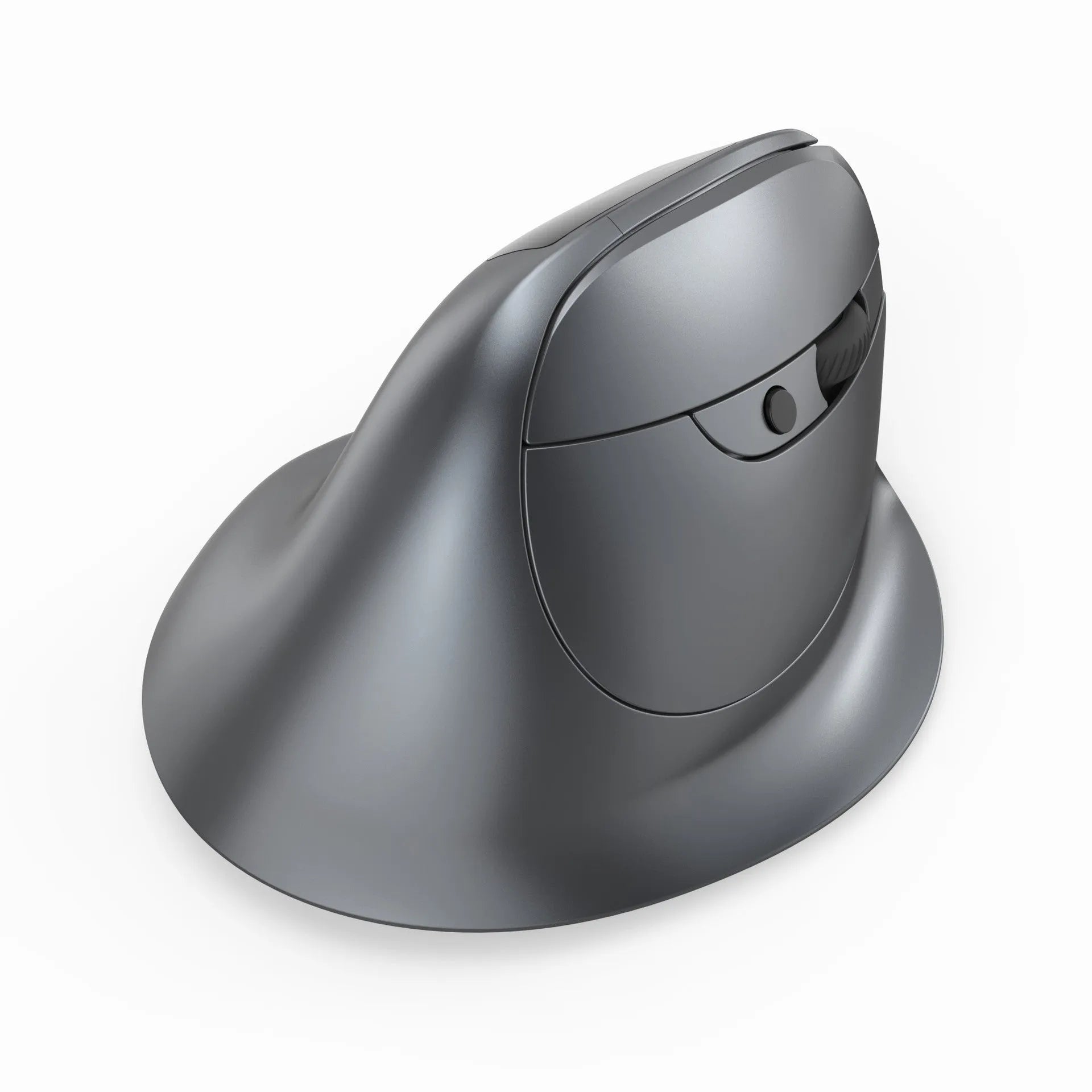 Grey vertical ergonomic Bluetooth mouse with USB charging port on a desk.