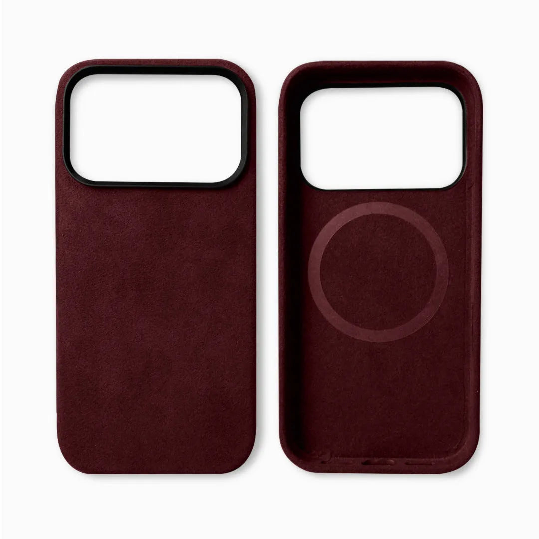 Handmade Alcantara phone case for iPhone 17 Pro Max, dark gray, with magnetic suction and anti-fingerprint finish