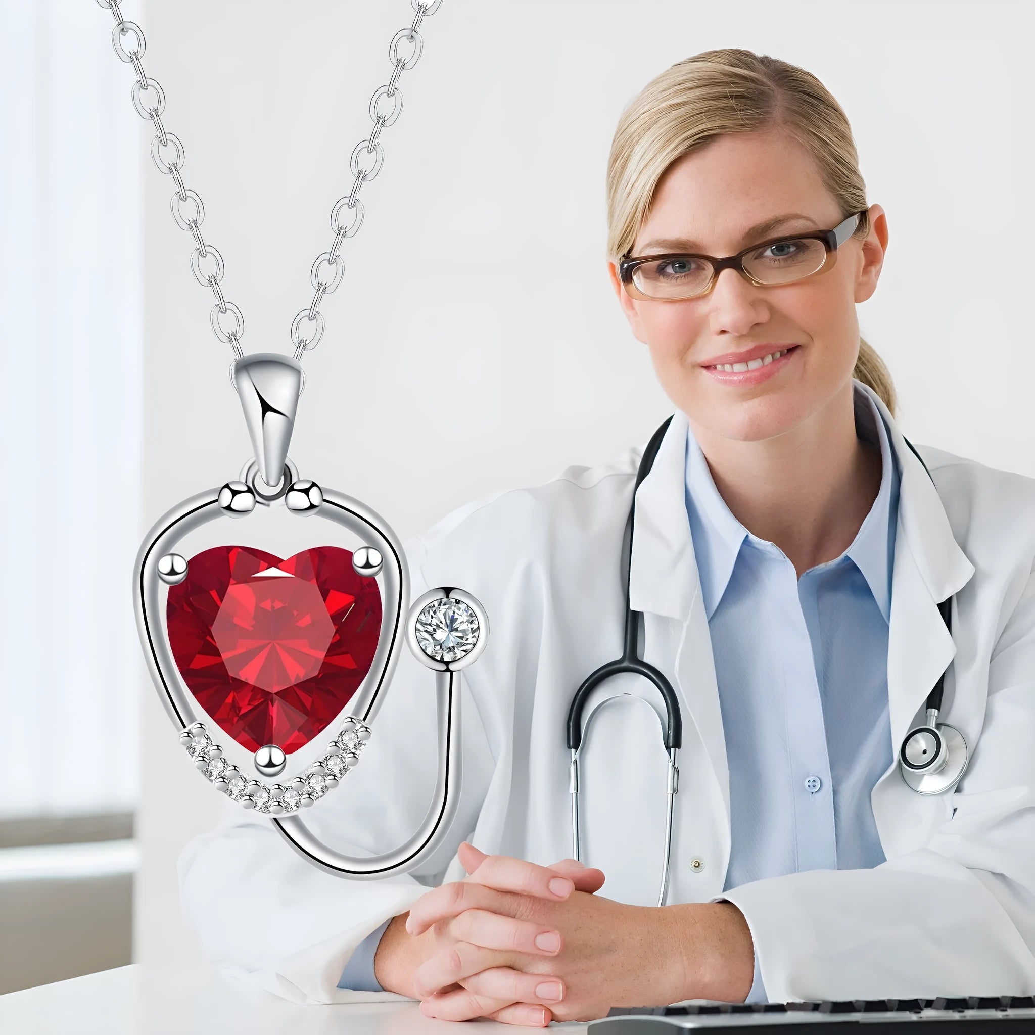 Women's fashion necklace with stethoscope, wings and cross design in red diamond colour
