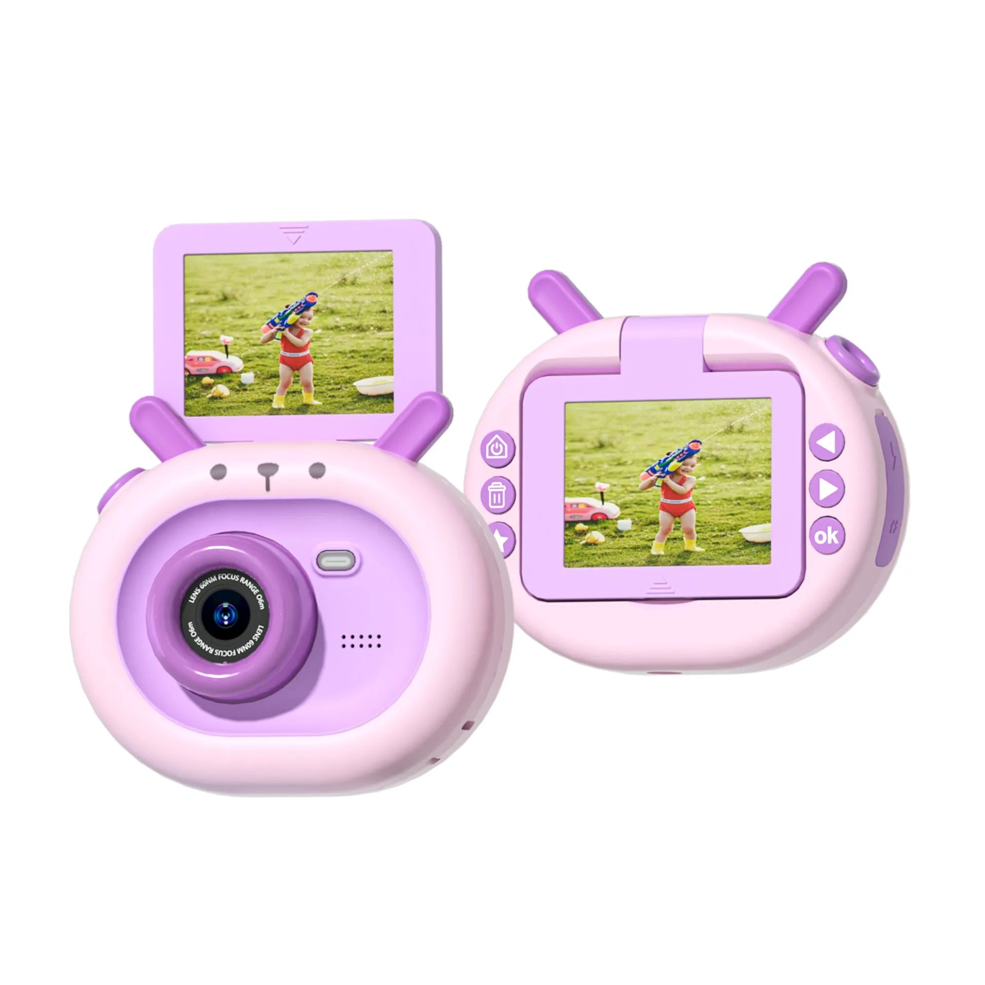 Purple and dark green children's digital camera with flip screen showing front and back views with accessories