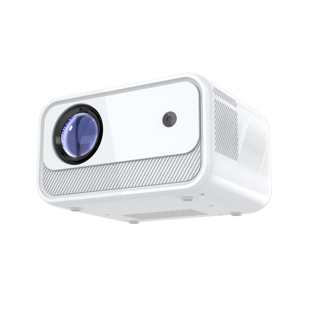 White home office HD projector with electric focus, 1080p resolution, 300 lumens on desk