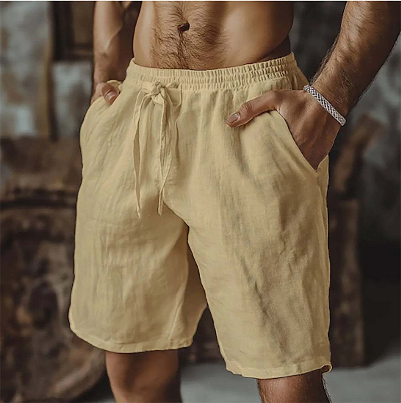 Men's cotton linen blend casual shorts in straight leg British style with fifth pants length
