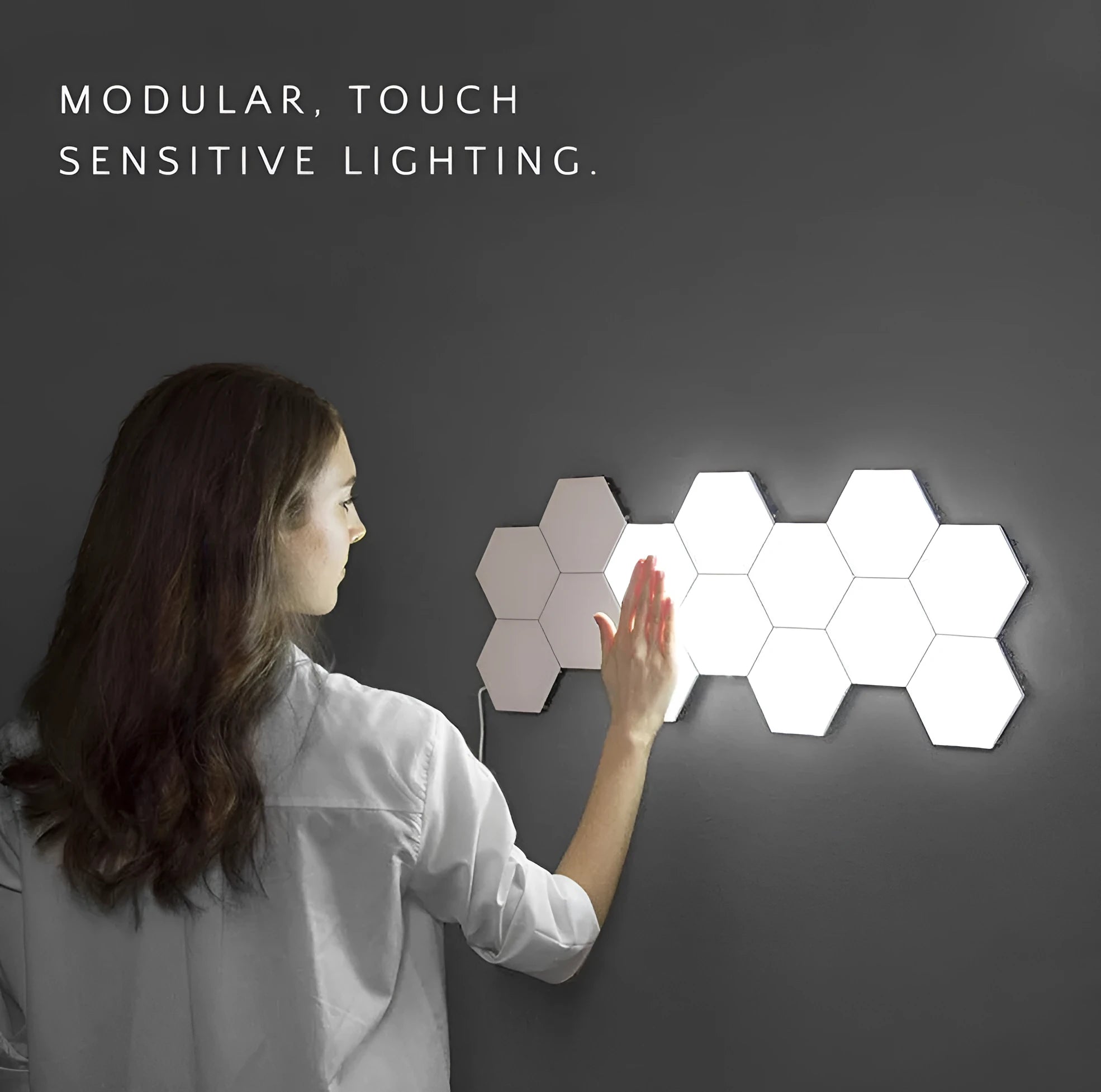 Modular hexagonal honeycomb wall lamps assembled in a pattern, showing touch control and modern minimalist design.