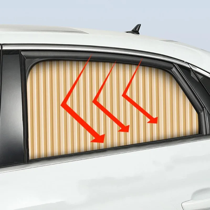 Auto-retractable car sunshade curtain in thick opaque cloth material showing roller shutter mechanism