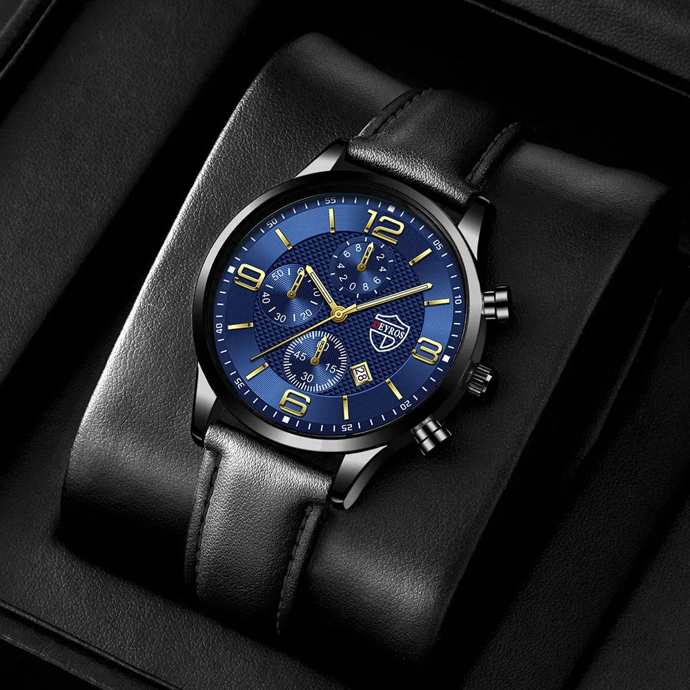 Men's calendar quartz watch with round alloy case, mineral glass mirror, black dial, and black strap